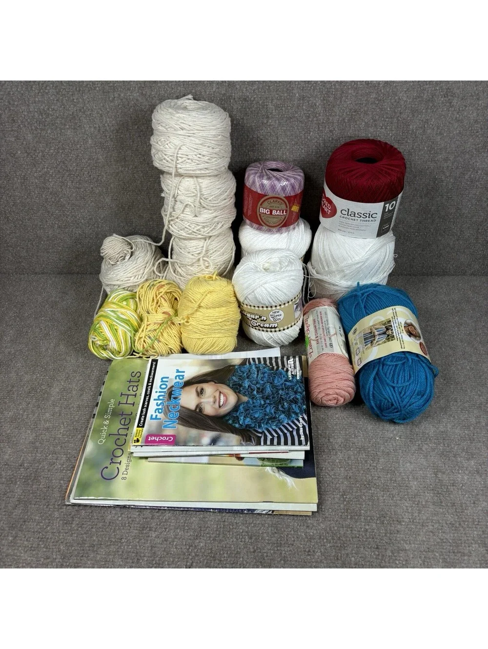 Lot of Assorted Crochet Threads Mixed Colors Cotton & Pattern Books New & Used